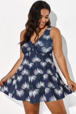 Dusty Blue Floral Print V-Neck Swimdress
