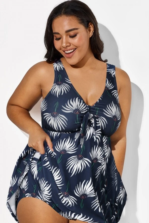 Dusty Blue Floral Print V-Neck Swimdress - Image 3