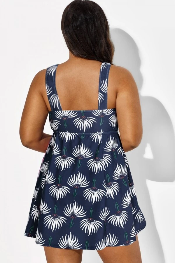 Dusty Blue Floral Print V-Neck Swimdress - Image 2