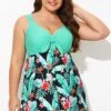 Green Flower Tie-front Wide Straps Swimdress