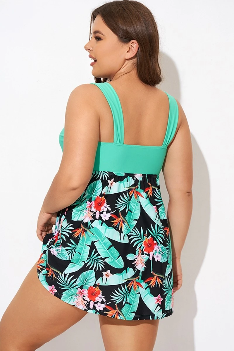 Green Flower Tie-front Wide Straps Swimdress - Image 2