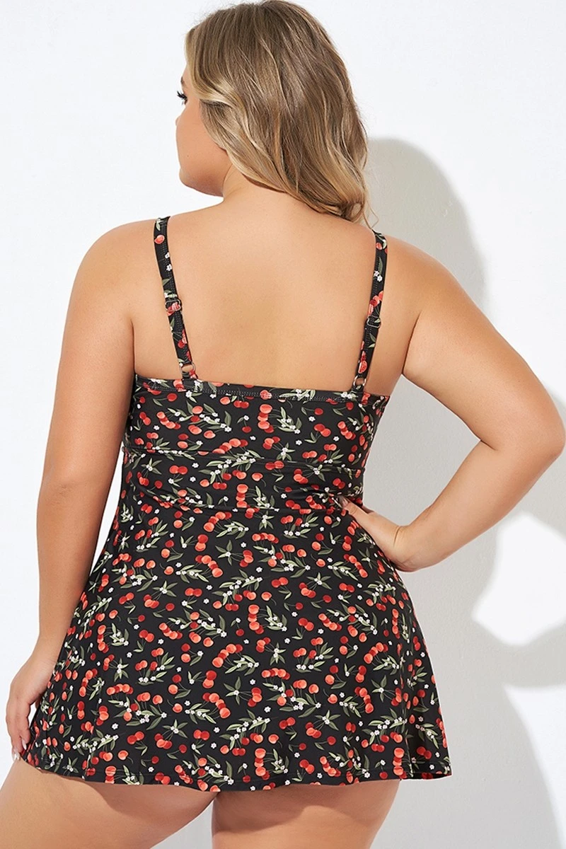 Cherry Printed Adjustable Straps V Neck Swimdress - Image 2