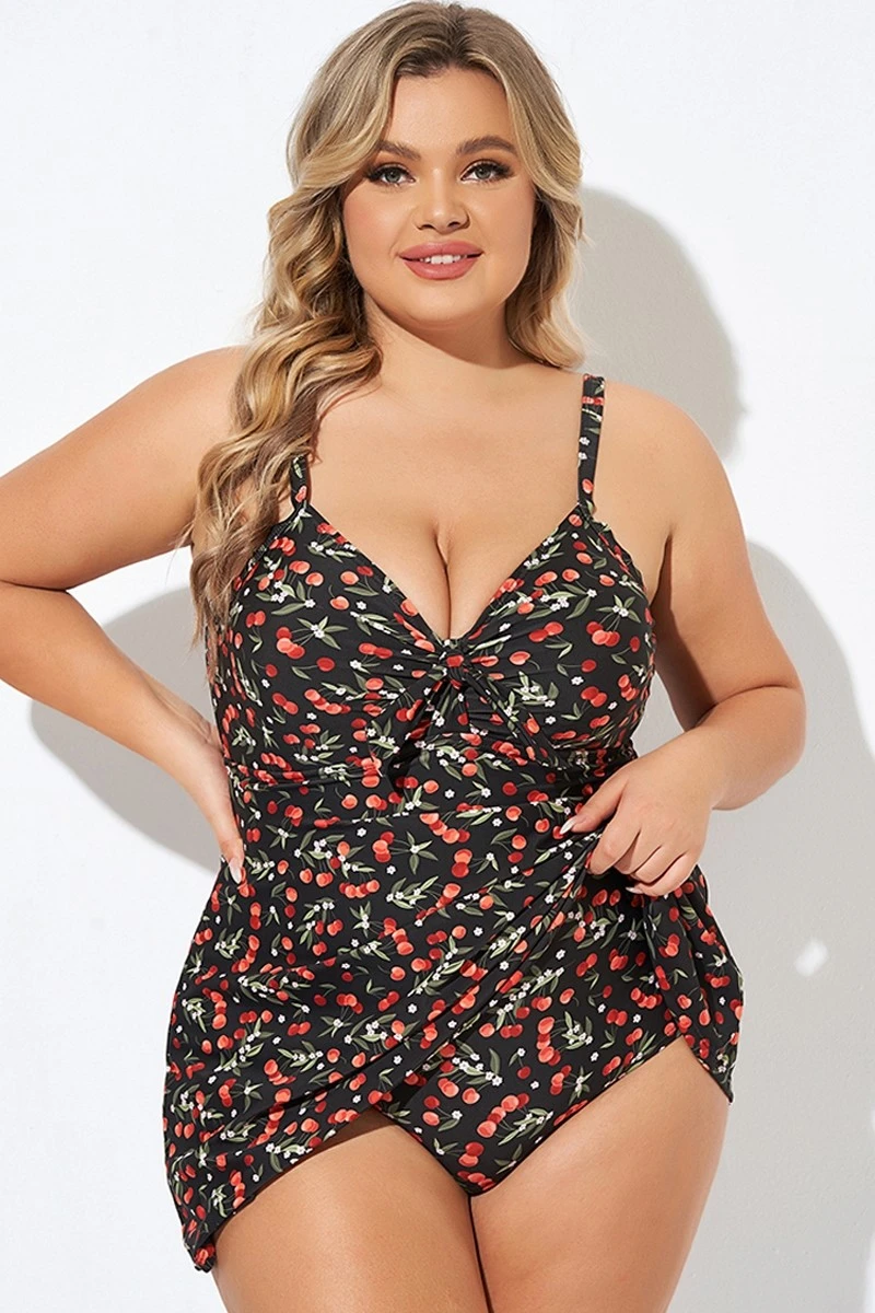 Cherry Printed Adjustable Straps V Neck Swimdress - Image 4