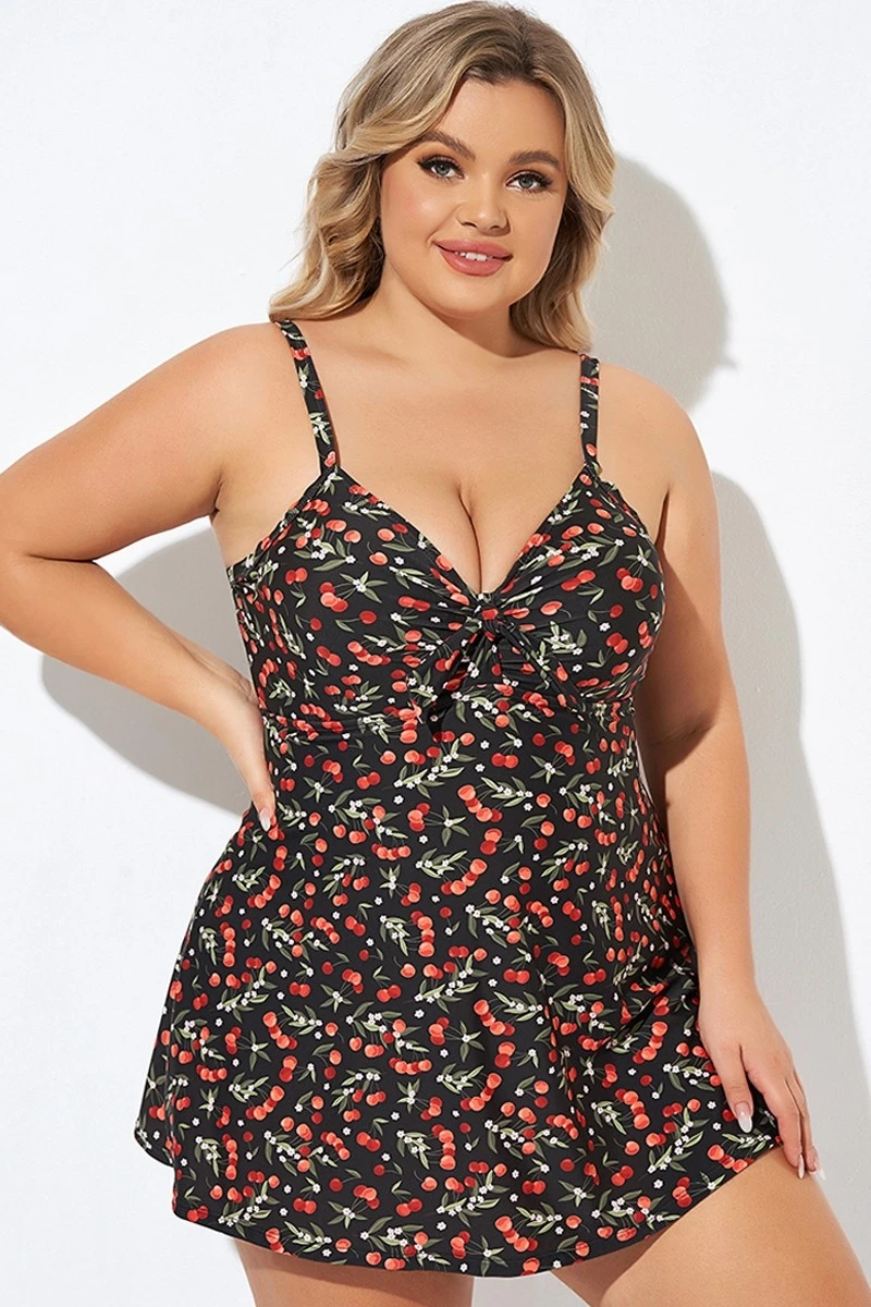Cherry Printed Adjustable Straps V Neck Swimdress - Image 5