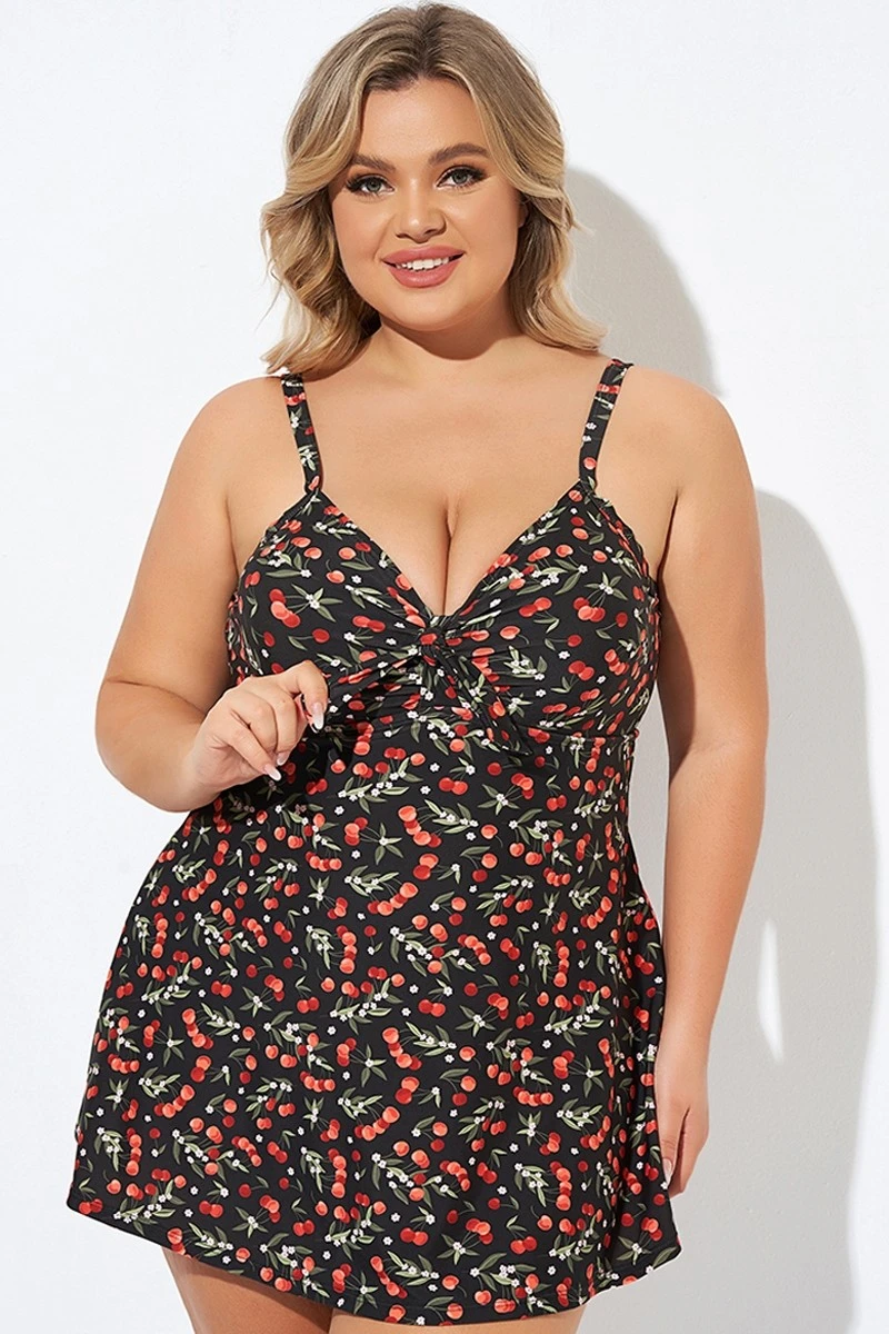 Cherry Printed Adjustable Straps V Neck Swimdress - Image 6