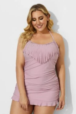 Solid Pink Fringe Ruffle Hem Bandeau Swimdress