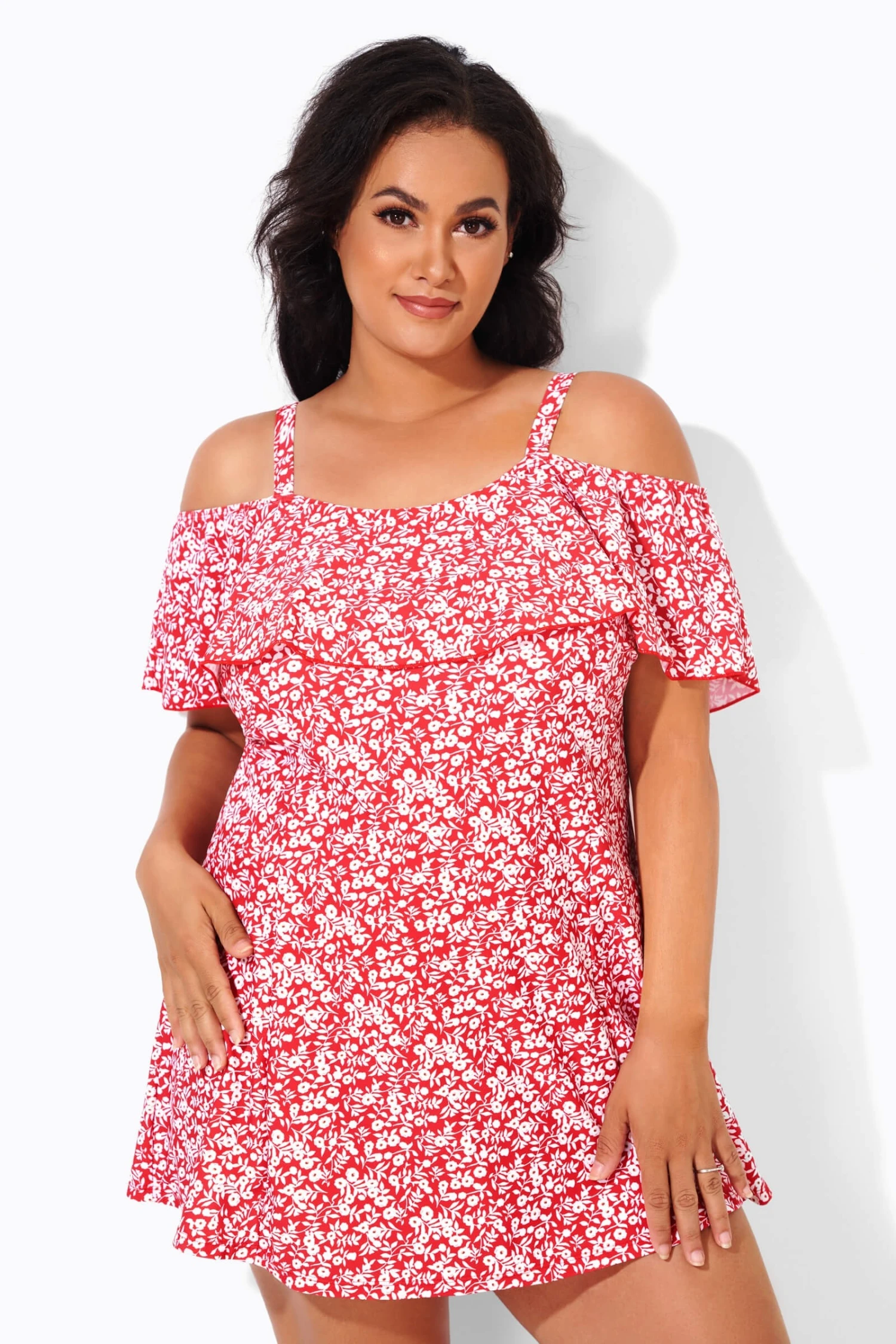 Red Floral Printed Off-the-Shoulder Swimdress - Image 4