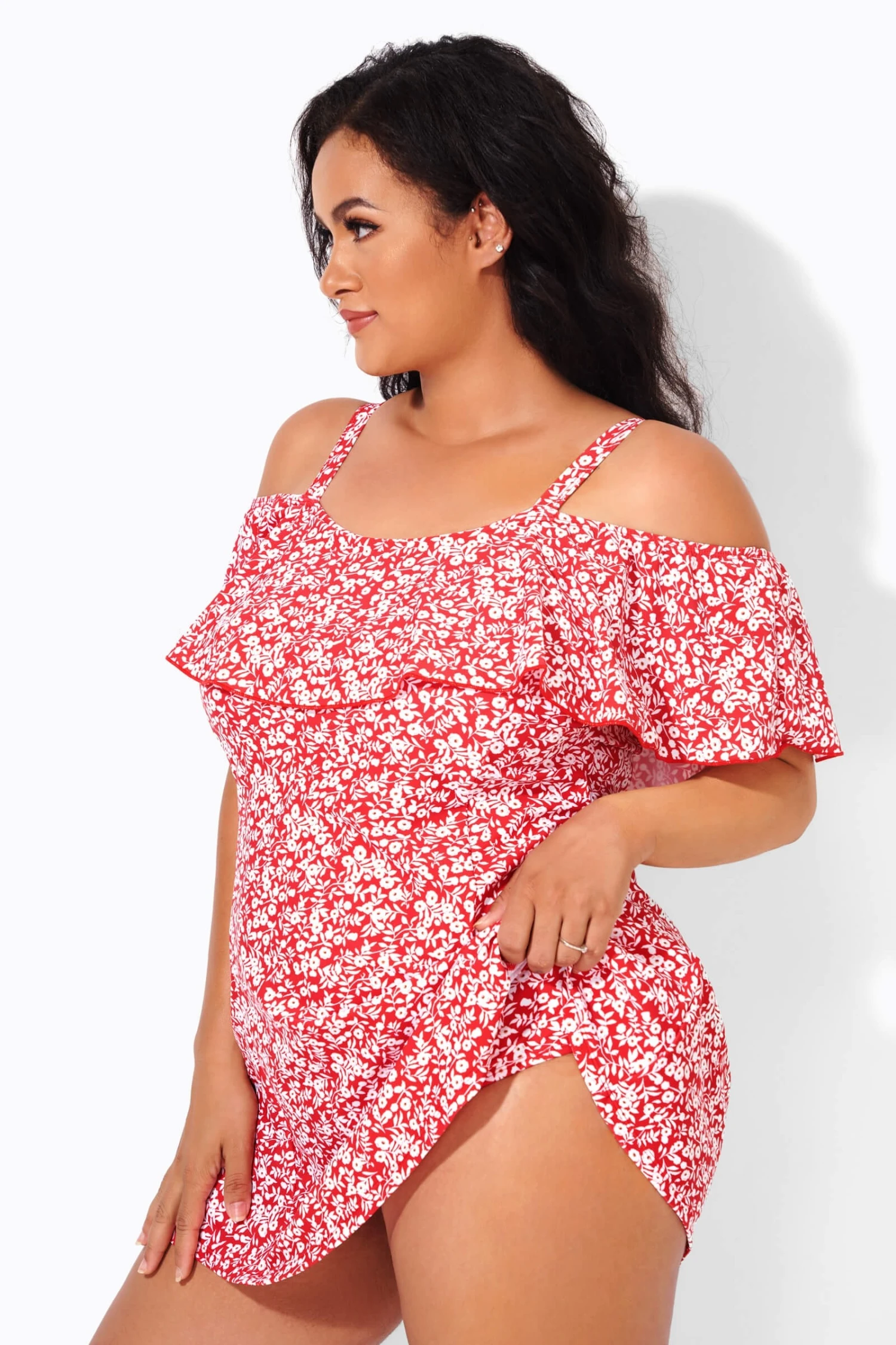 Red Floral Printed Off-the-Shoulder Swimdress - Image 3