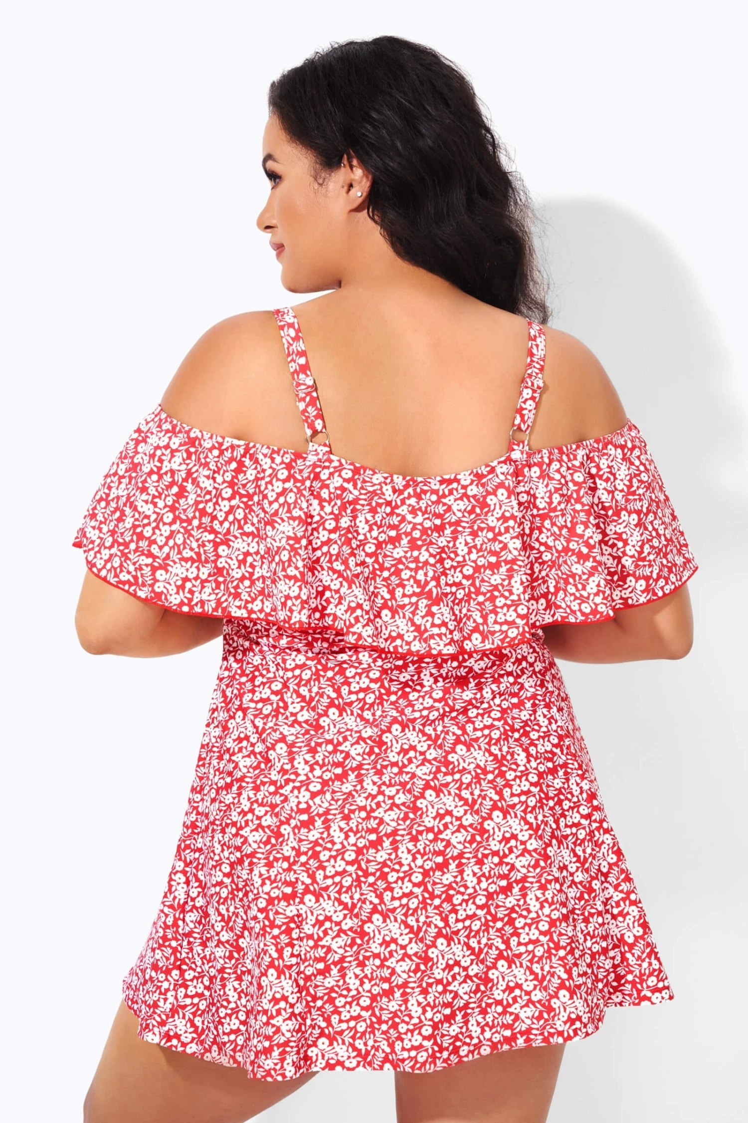 Red Floral Printed Off-the-Shoulder Swimdress - Image 2