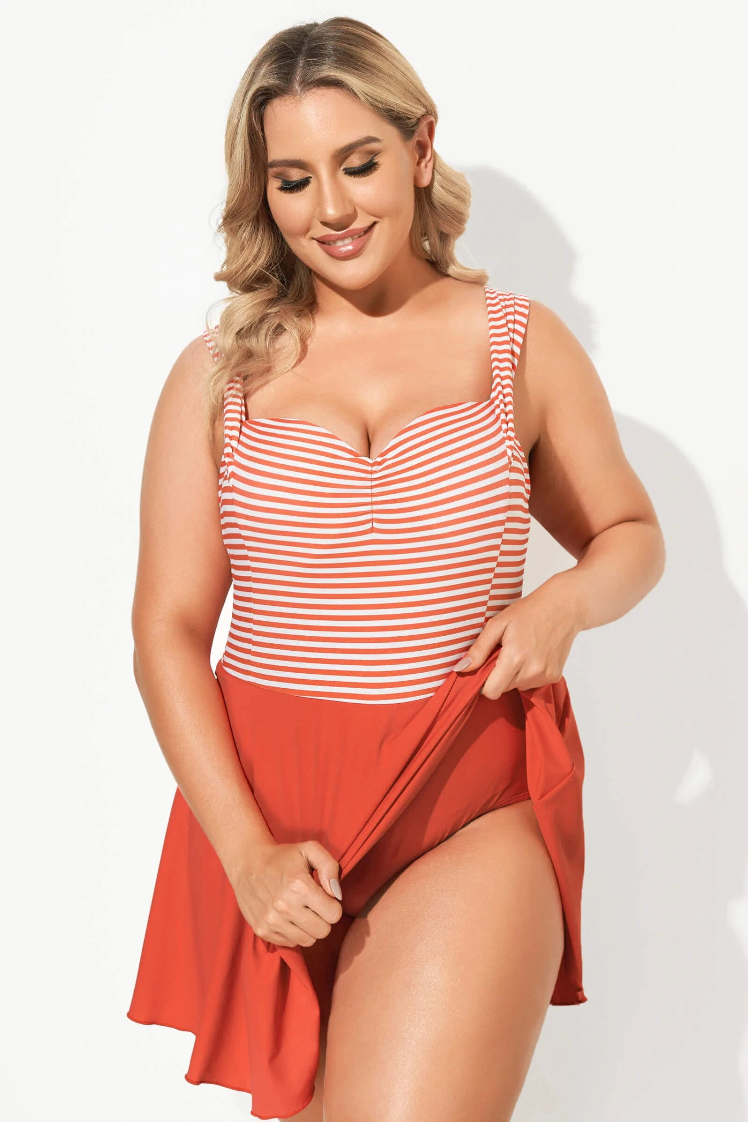 Red & White Stripe Halter Flattering Underwire Swimdress - Image 2