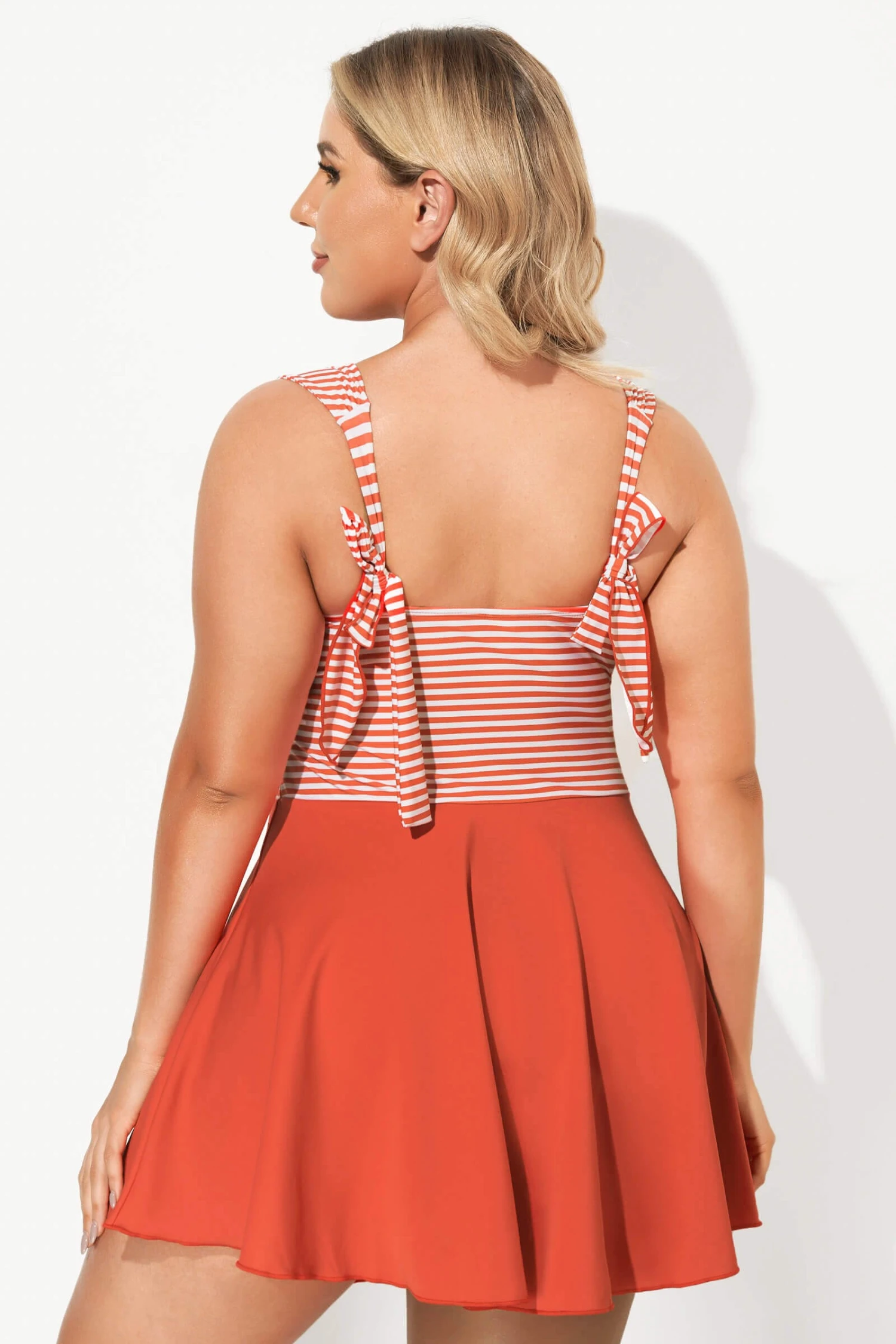 Red & White Stripe Halter Flattering Underwire Swimdress - Image 3