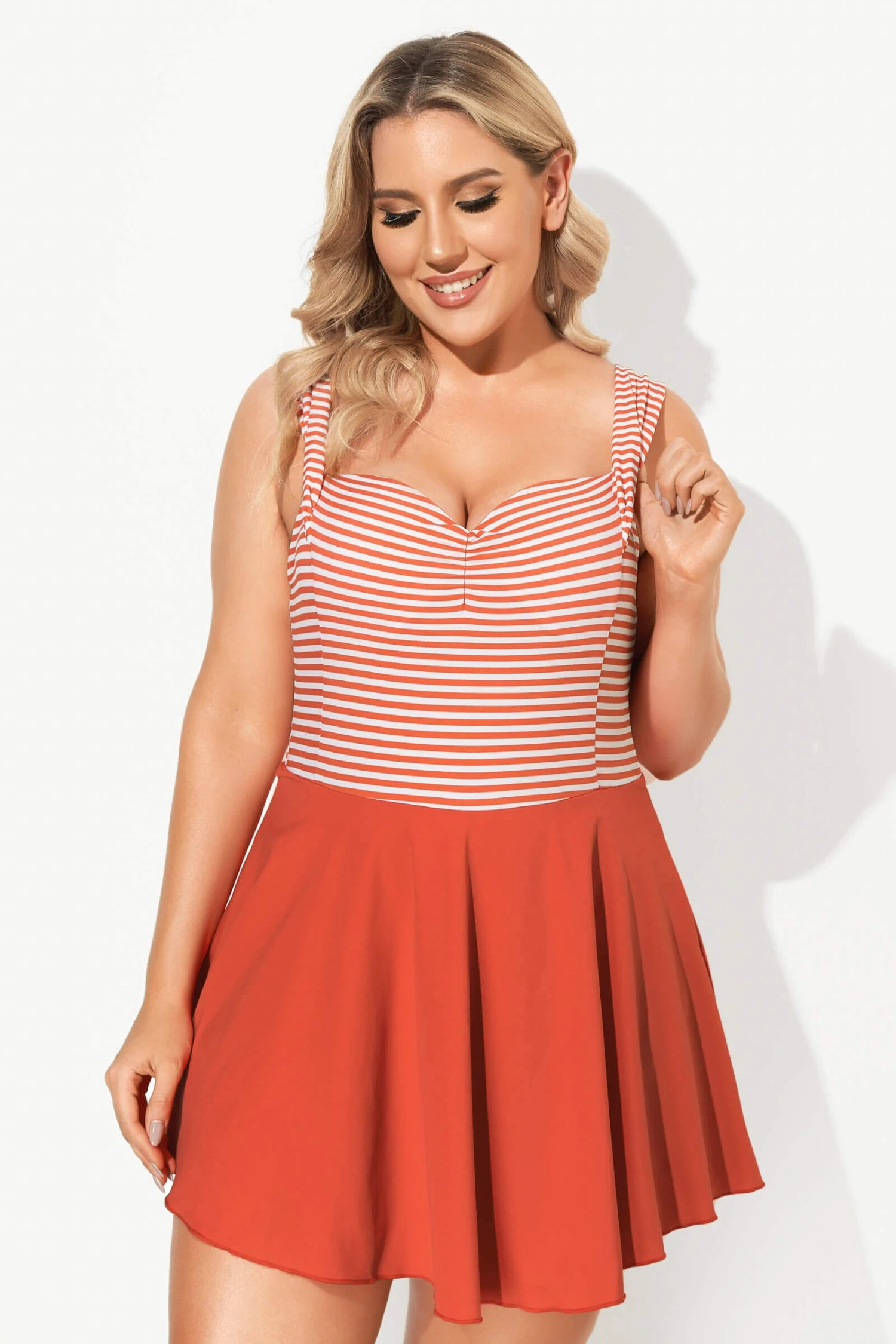 Red & White Stripe Halter Flattering Underwire Swimdress - Image 4