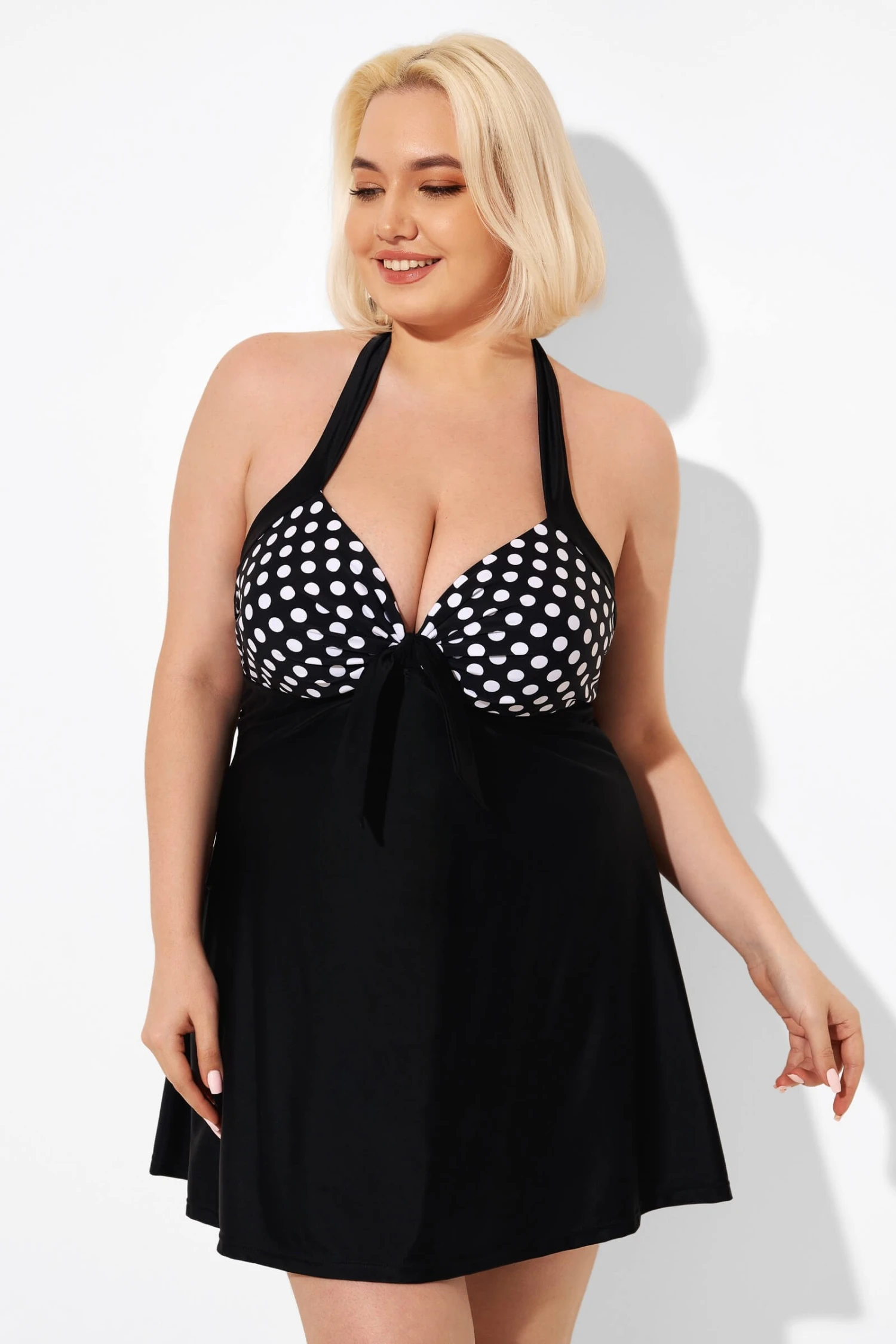 Fashion Black Dot Vintage Drawstring Closure Swimdress