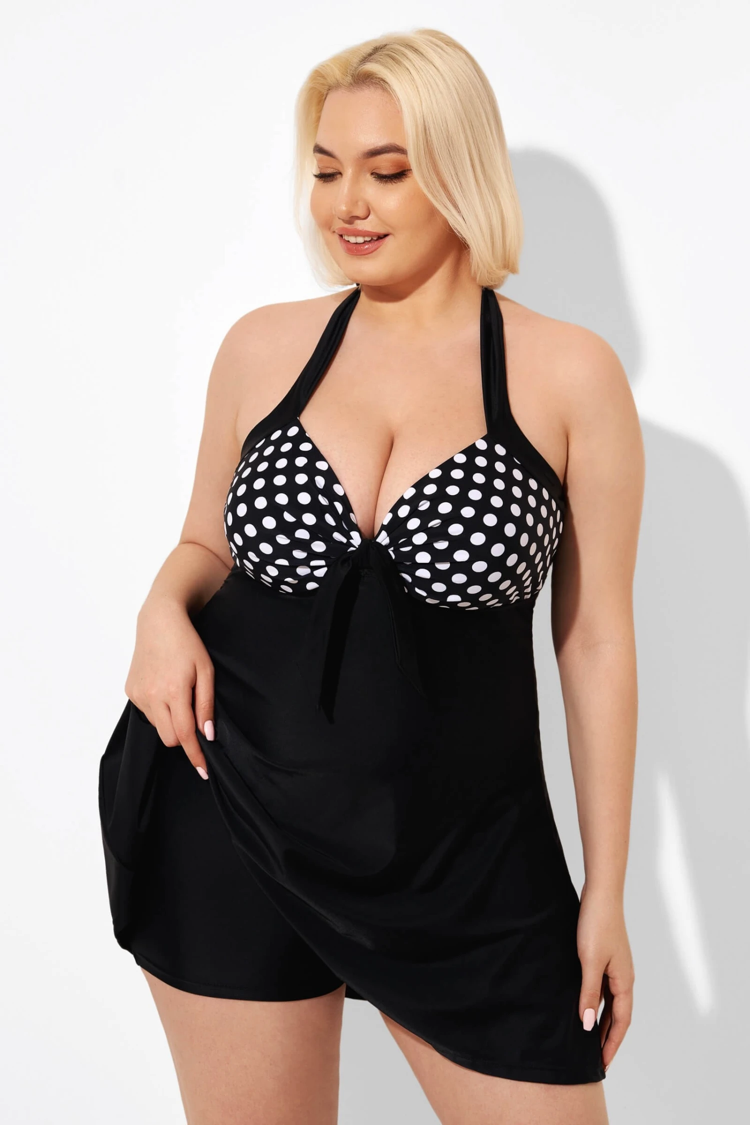 Fashion Black Dot Vintage Drawstring Closure Swimdress - Image 3