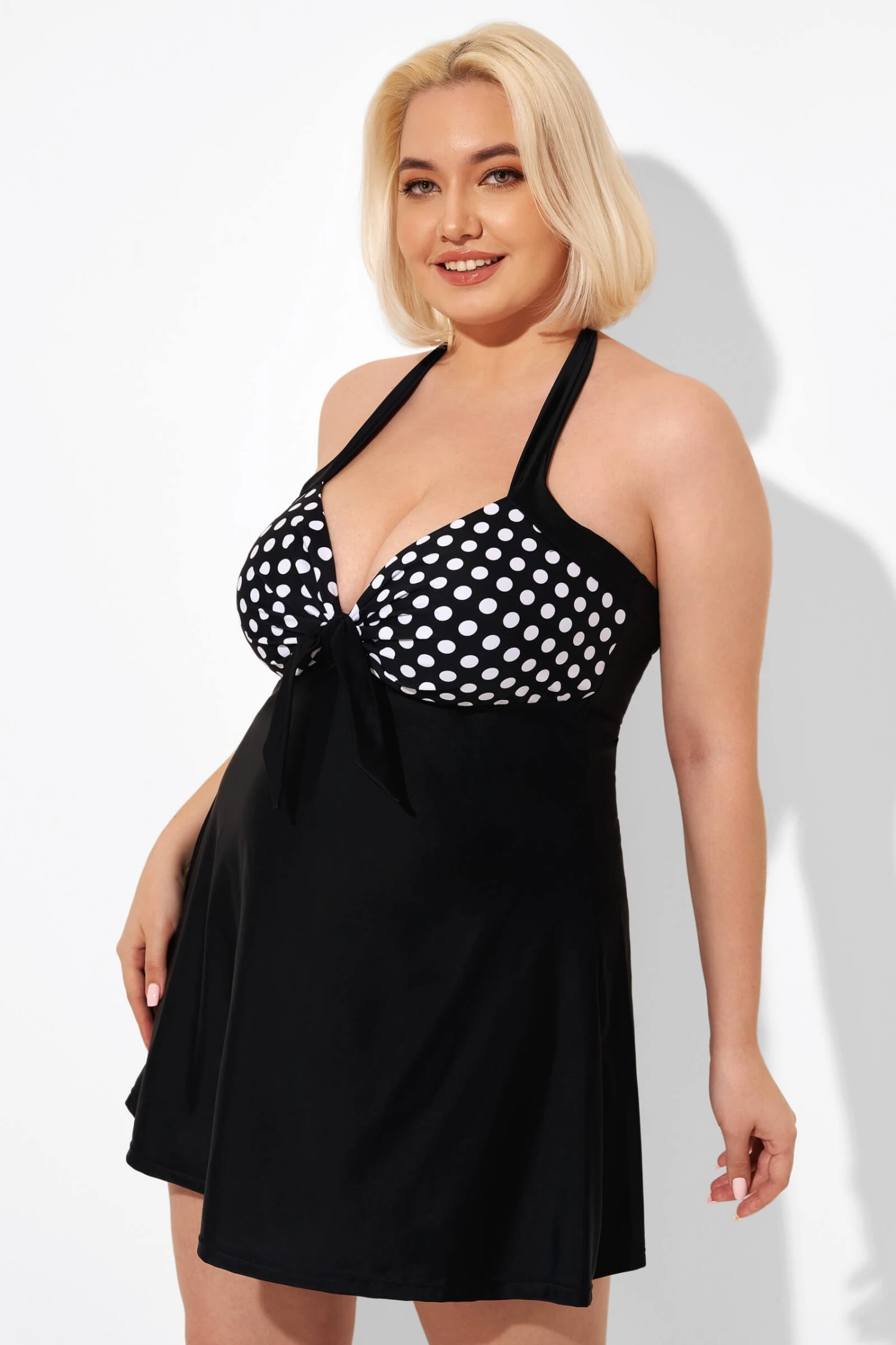 Fashion Black Dot Vintage Drawstring Closure Swimdress - Image 4