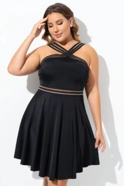 Graceful Black Mesh Panel Women Swimdress