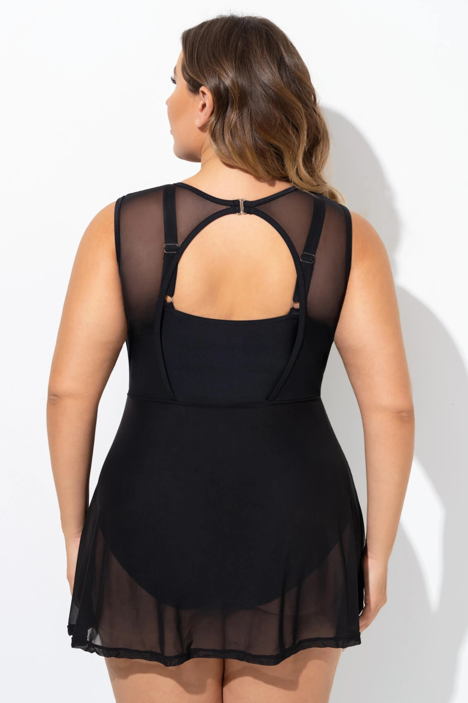Black Mesh Underwire Hook & Eye Closure Swimdress - Image 2