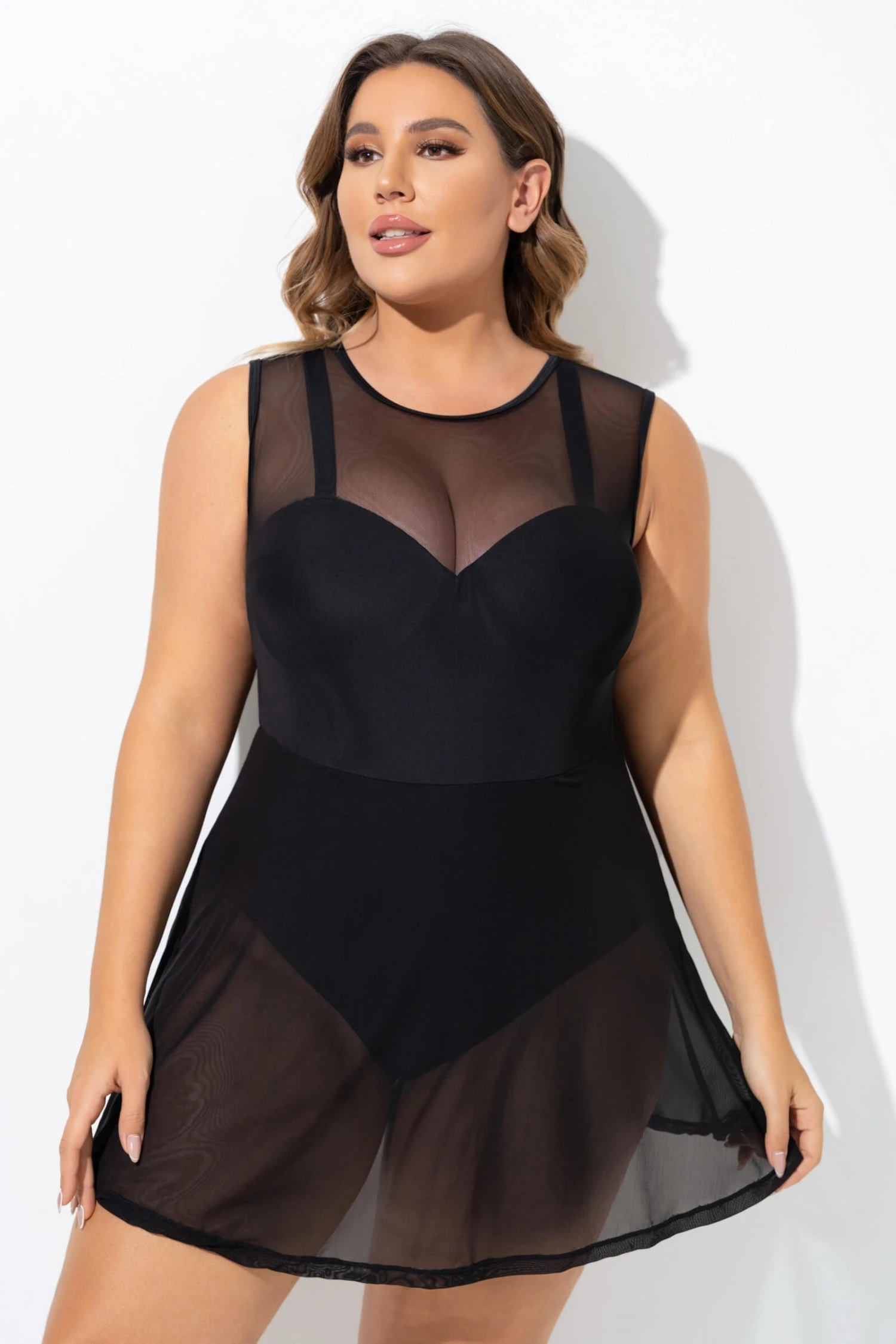 Black Mesh Underwire Hook & Eye Closure Swimdress - Image 3