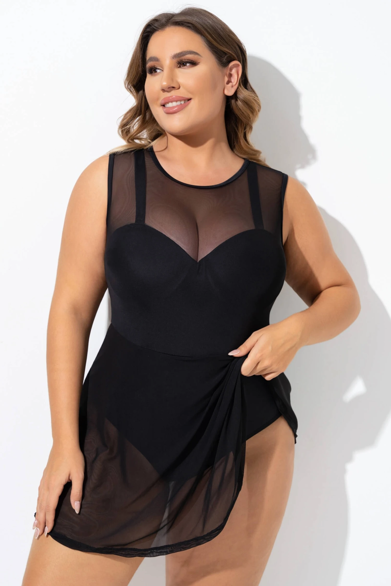 Black Mesh Underwire Hook & Eye Closure Swimdress - Image 5