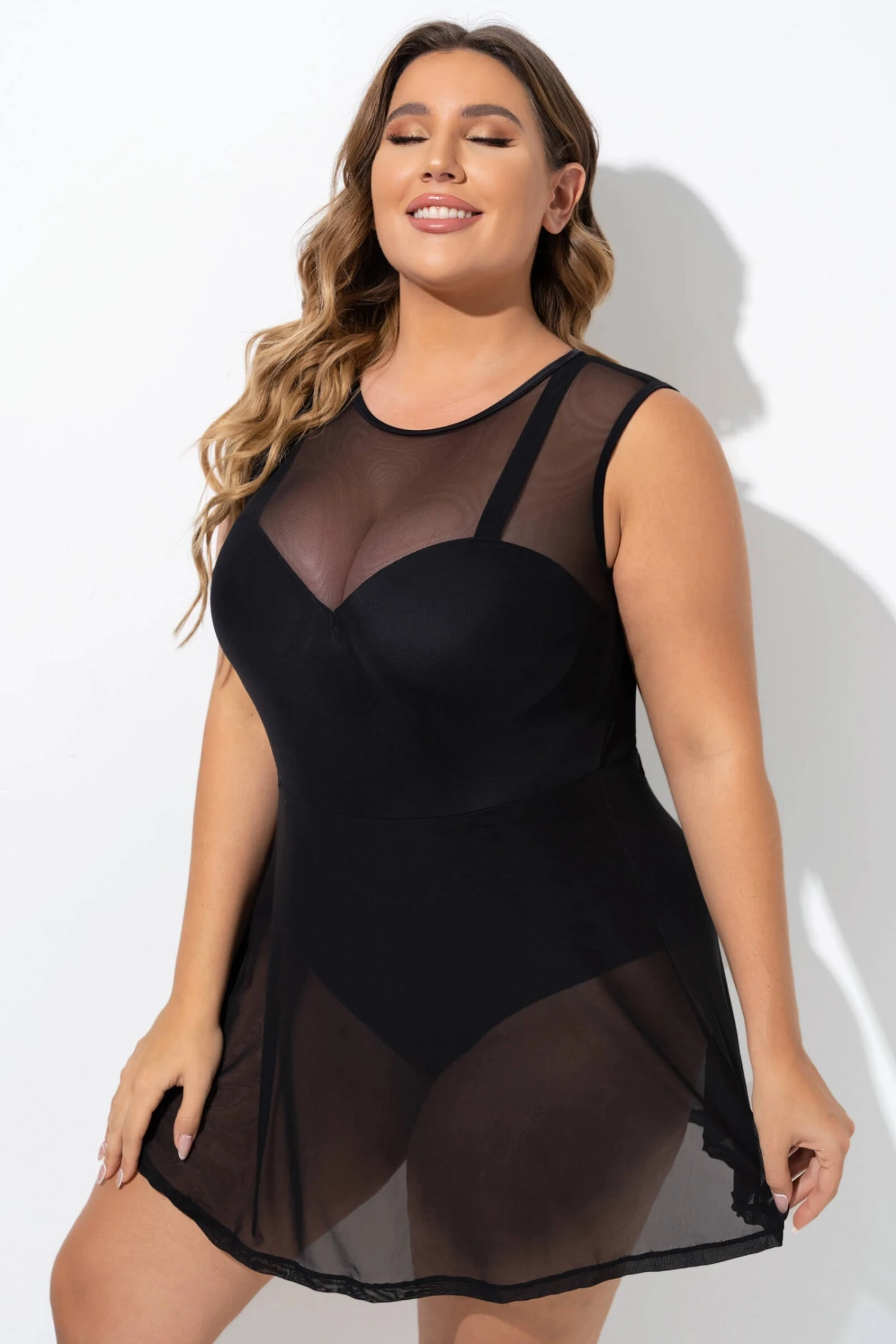 Black Mesh Underwire Hook & Eye Closure Swimdress - Image 4