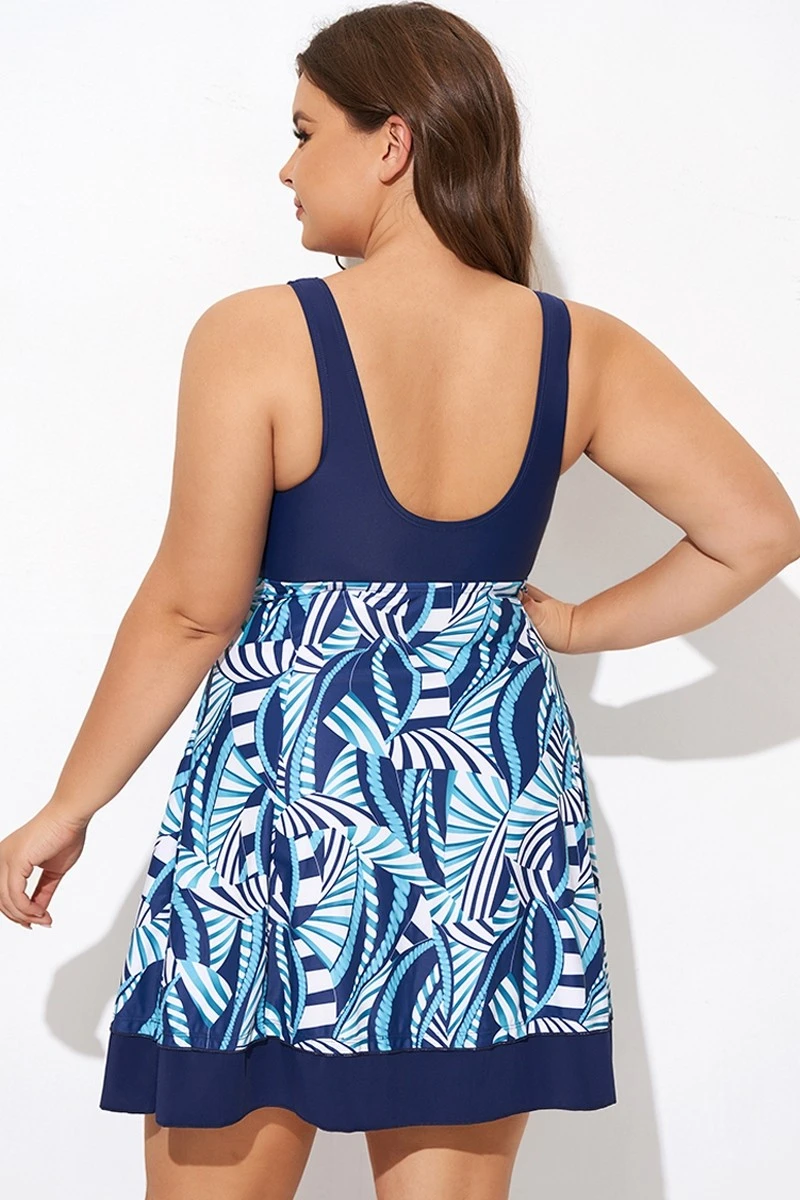 V Neck Floral Printed Patchwork Twist Front Swimdress - Image 2