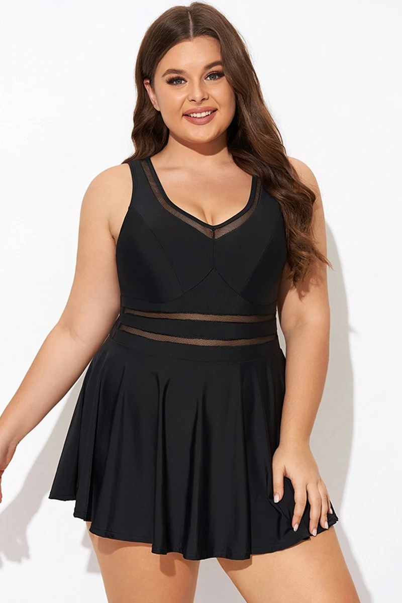 Black V-neck Wide Strap Crochet Detail Swimdress - Image 4