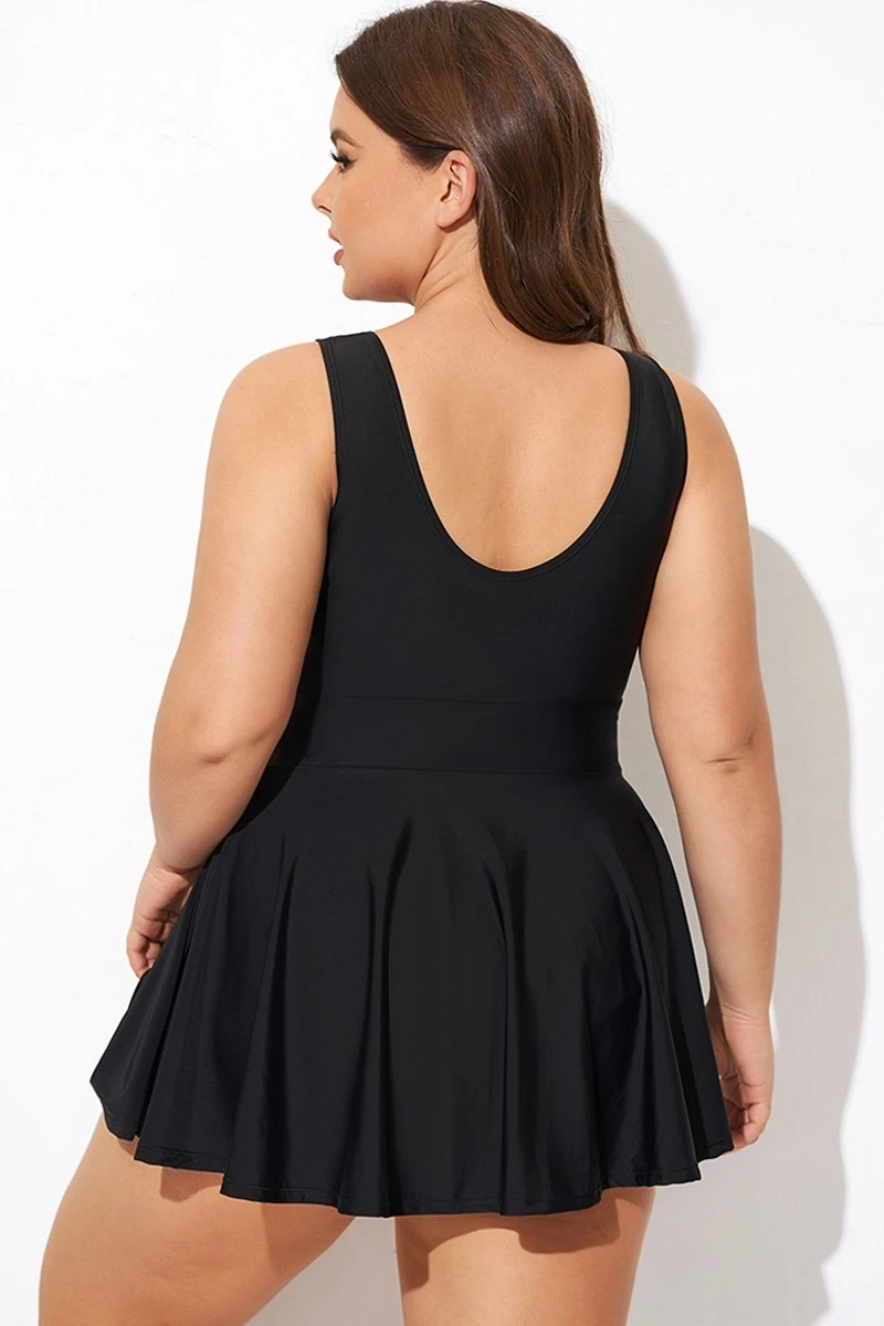 Black V-neck Wide Strap Crochet Detail Swimdress - Image 2