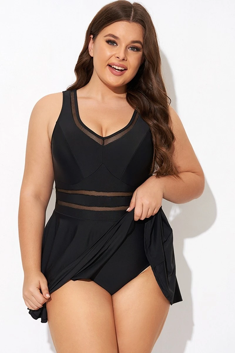 Black V-neck Wide Strap Crochet Detail Swimdress - Image 3