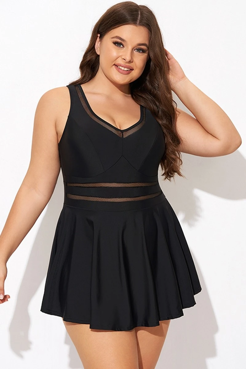 Black V-neck Wide Strap Crochet Detail Swimdress