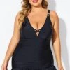 Black V-neck Tummy Control Ruched Swimdress