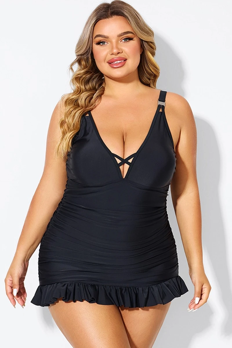 Black V-neck Tummy Control Ruched Swimdress