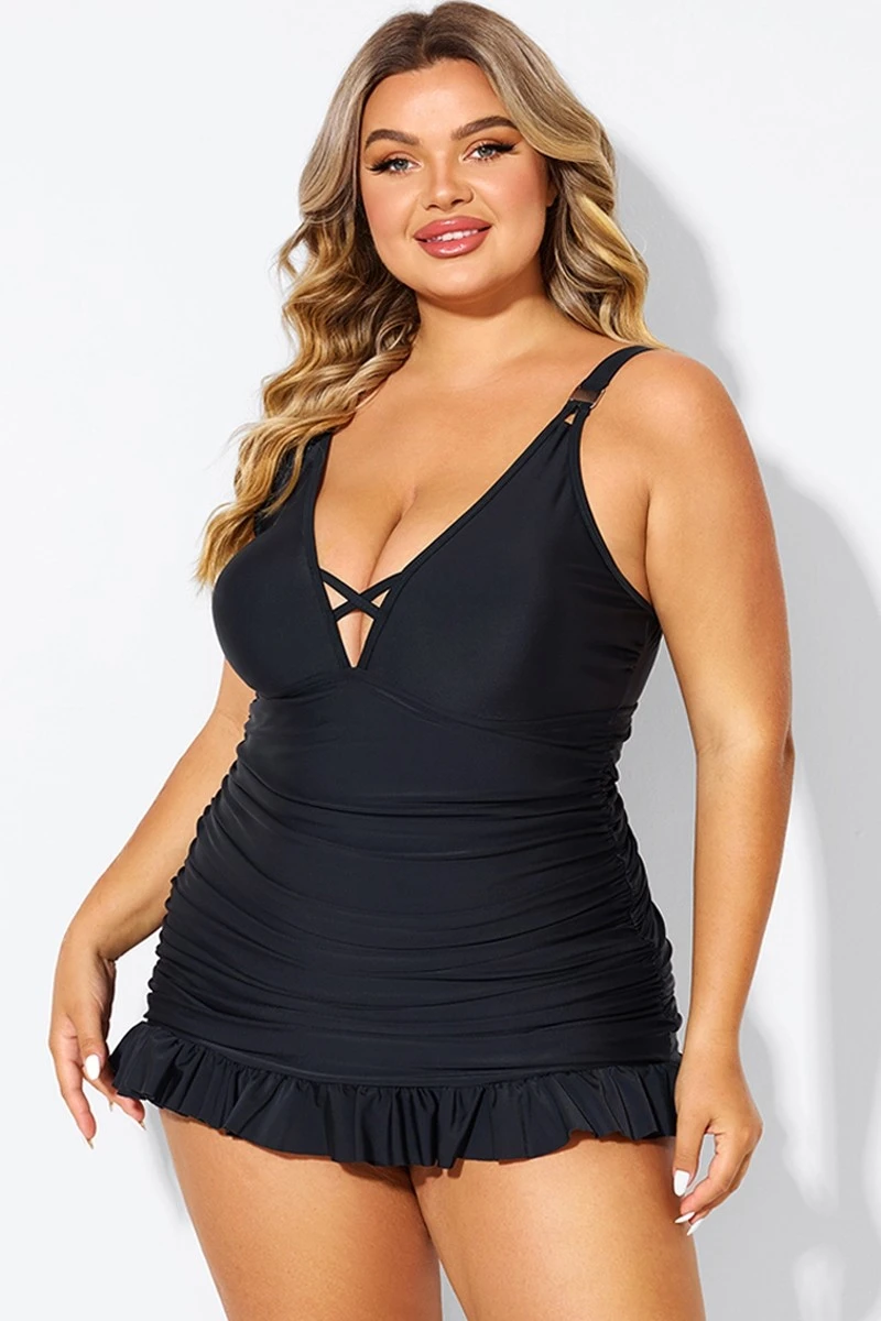 Black V-neck Tummy Control Ruched Swimdress - Image 4