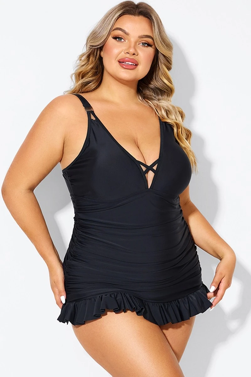 Black V-neck Tummy Control Ruched Swimdress - Image 6