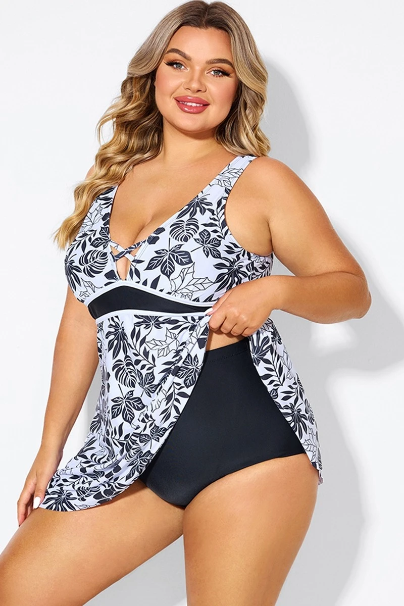 Black Floral Print Cut Out Plus Size Swimdress - Image 5