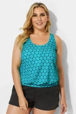 Green Scoopneck Polka Dots Women Tankini Top