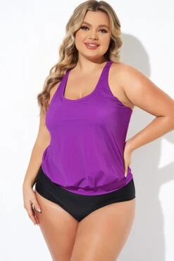 Purple Scoopneck Control Blouson Women Tankini Top