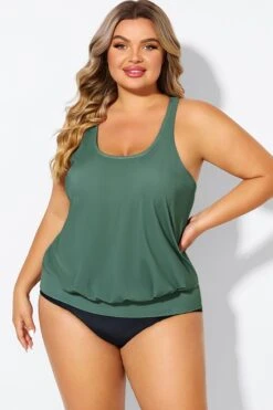 Army Green Racerback Tummy Control Blouson Tankini Top