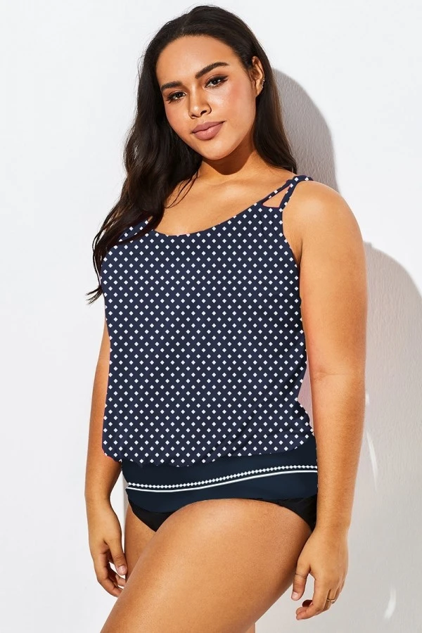 Navy Polka Dots Side Tie Blouson Tankini Top - Image 3