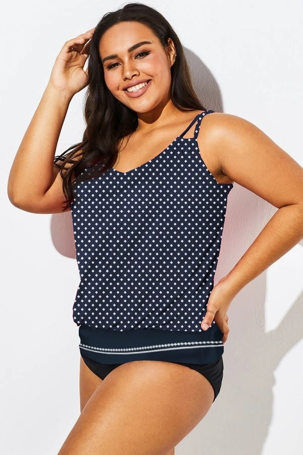 Navy Polka Dots Side Tie Blouson Tankini Top - Image 4
