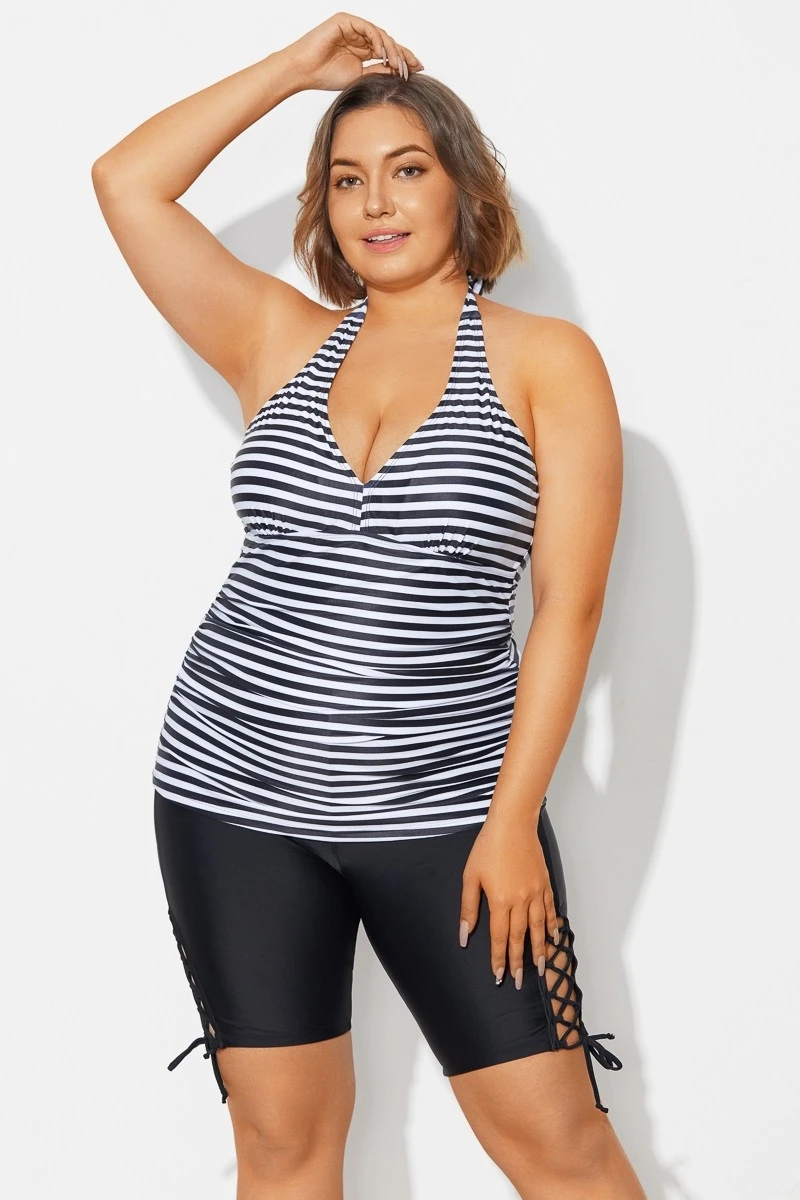 Plus Size Striped V-Neck Halterneck Shirred Tankini Top - Image 3