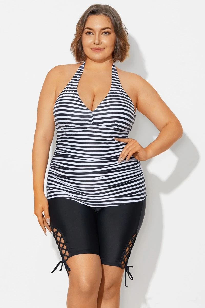 Plus Size Striped V-Neck Halterneck Shirred Tankini Top - Image 5