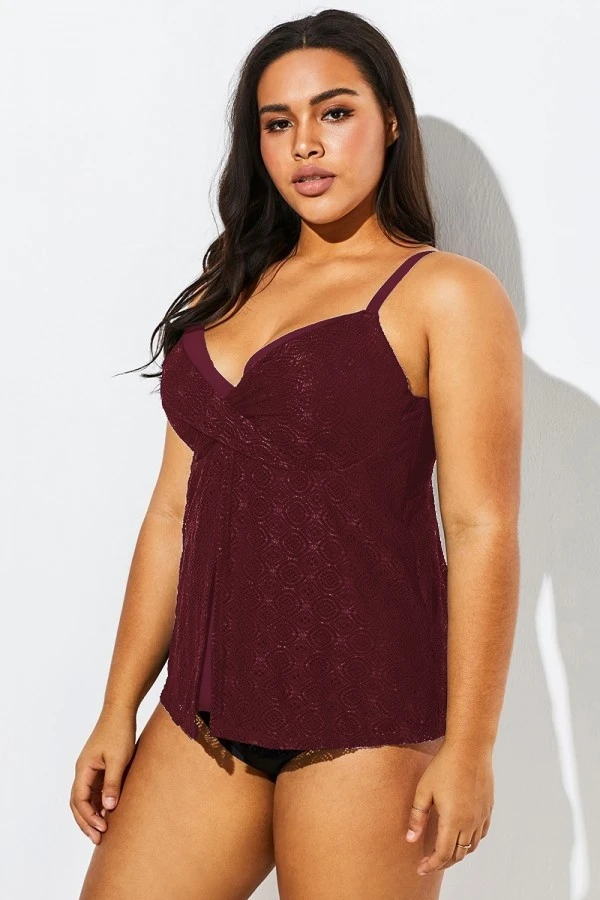 Wine Flyaway Flowy Twist Front Tankini Top - Image 4