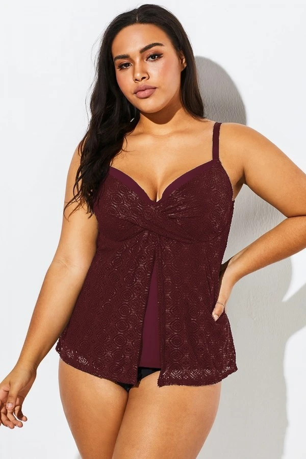 Wine Flyaway Flowy Twist Front Tankini Top - Image 6