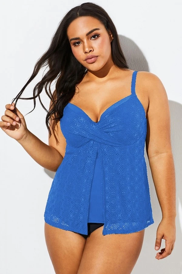 Blue Twist-front Sweetheart Neckline Tankini Top - Image 3