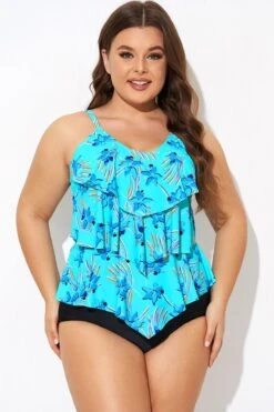 Flower Printed V-neck Ruffle Women Tankini Top