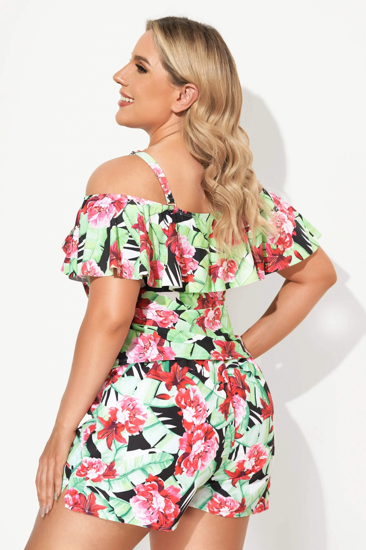 Floral Printed Off The Shoulder Women Tankini Set - Image 3