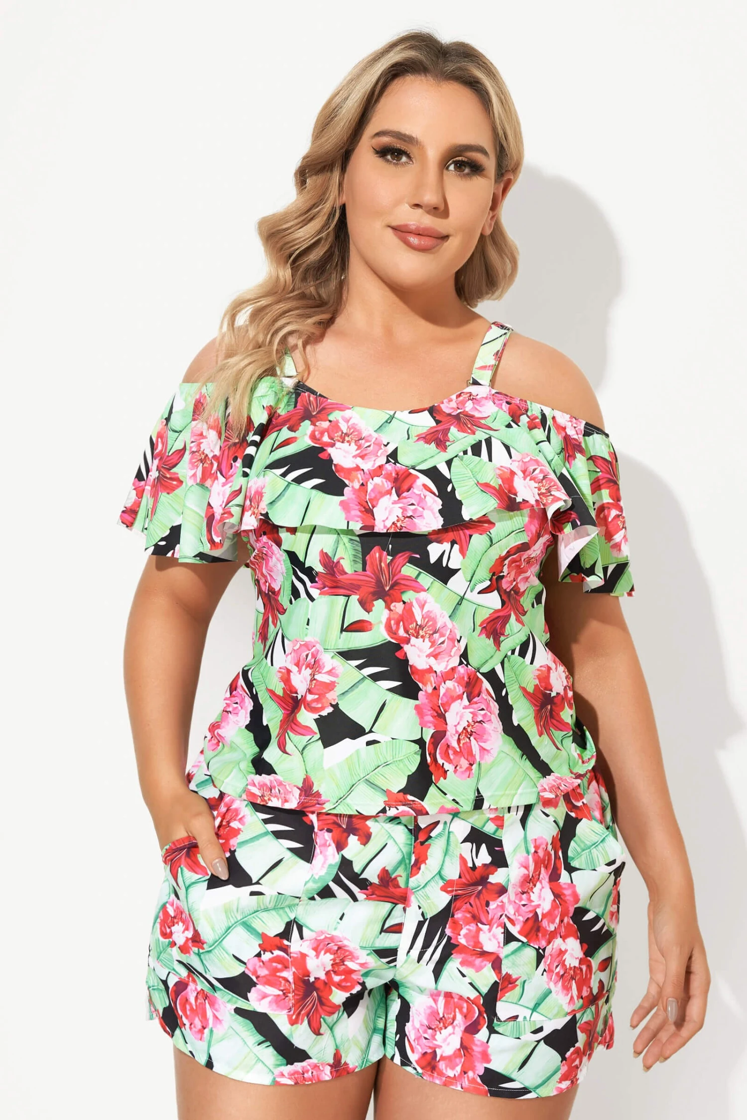 Floral Printed Off The Shoulder Women Tankini Set - Image 4