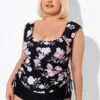 Floral Printed Adjustable Tankini Top With Sleeves