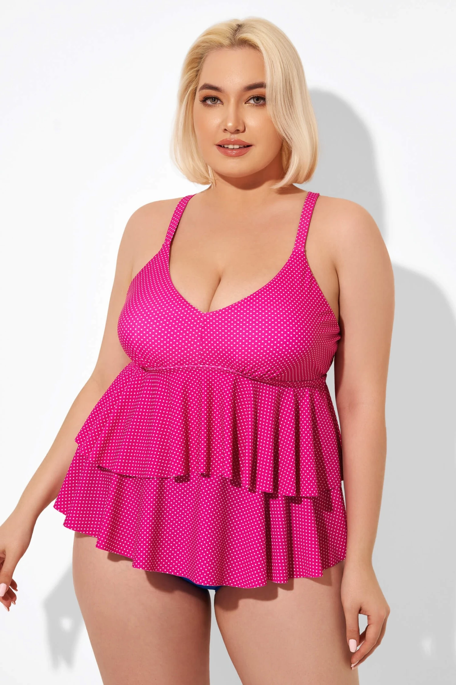 Pink V-neck Tankini Top With Ruffled Hem - Image 5