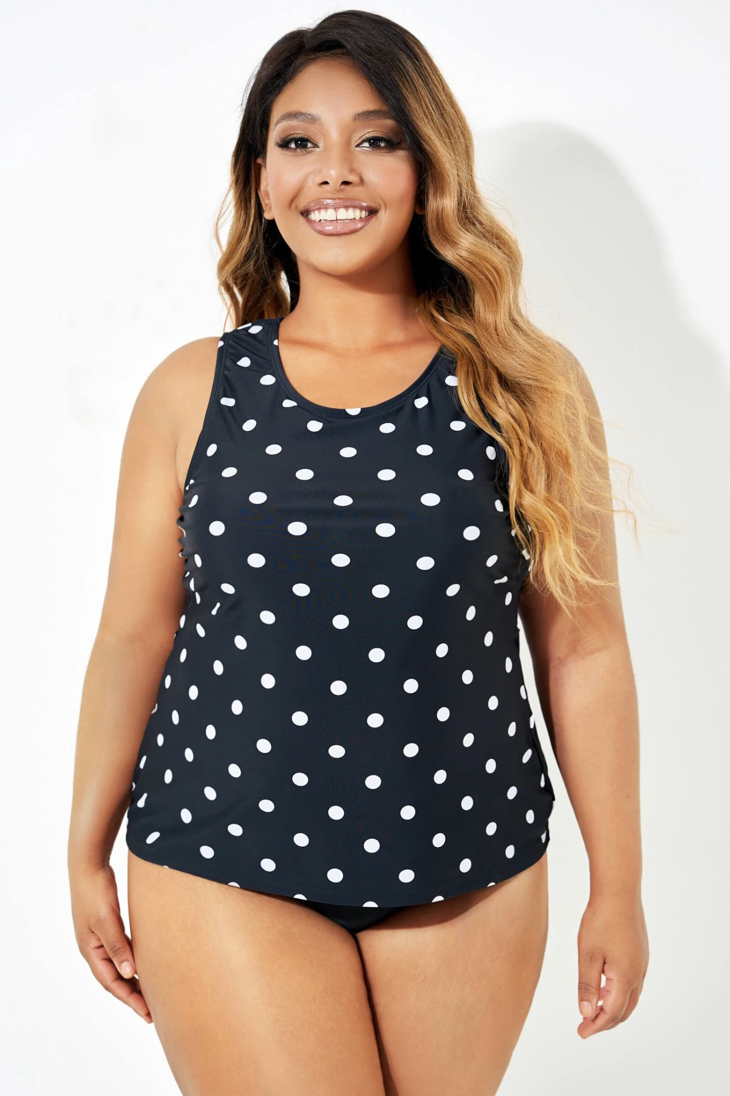Black Fashionable Polka Dot Coverage Tankini Top - Image 4